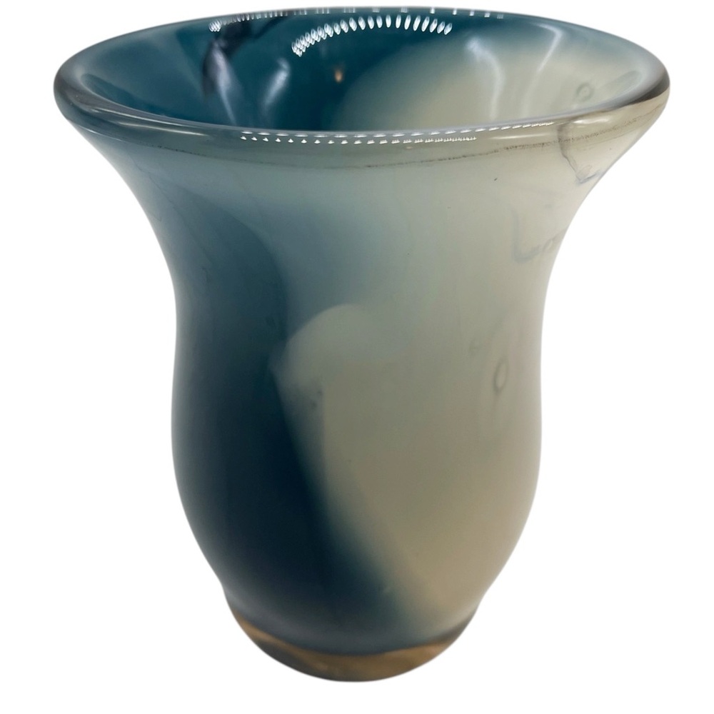 Vintage Glass Vase, Hand Blown Art,  w/Cobalt Blue Swirl, 6” Mint Condition